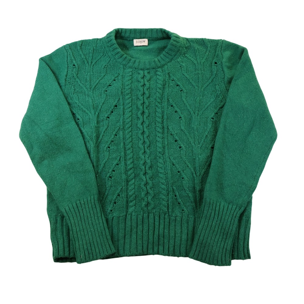 J.Crew‎ Womens Medium Sweater Green Cable Pointelle Lambswool Blend AF493 HO19
